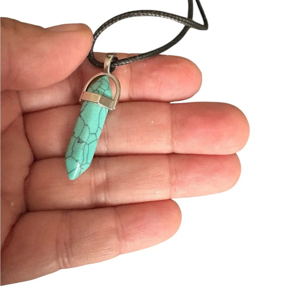 Turquoise Point Pendant Necklace – Faux Leather Cord,‎ Silver-Tone, 18”